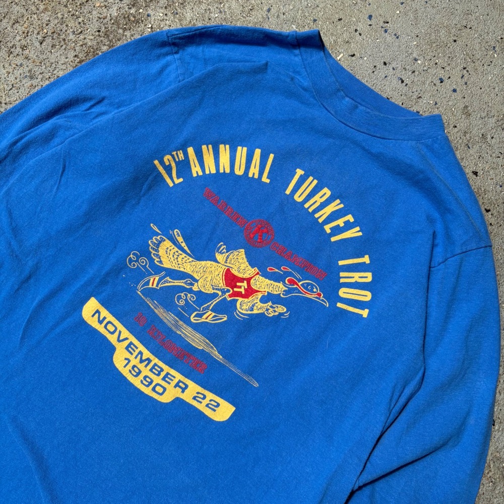 Vintage 1990 Turkey Trot Long Sleeve Shirt Hanes Beefy-T Blue Mens M Made in USA